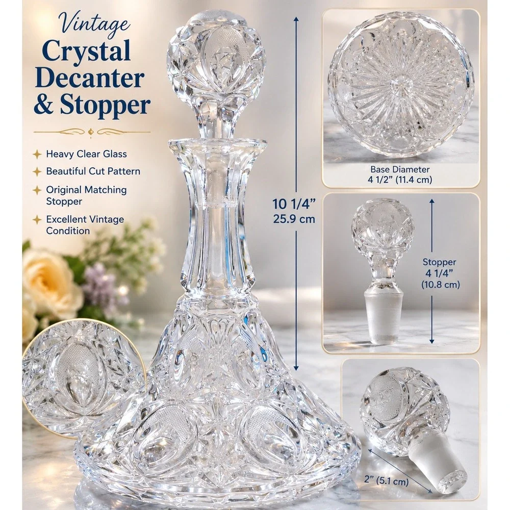 Vintage Cut Lead Crystal Ships Decanter with Faceted‎ Ball Stopper Clear Glass